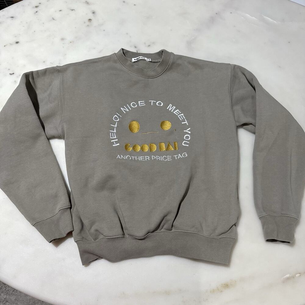Good Bai Women’s M Embroidered Graphic Crewneck Sweatshirt Grey Beige